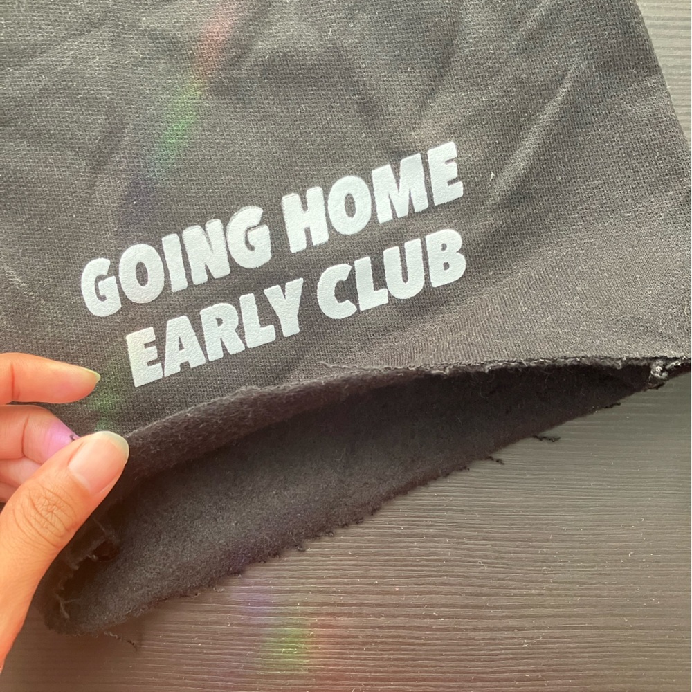 Coco + Pine “Going Home Early Club” cut off sweat shorts